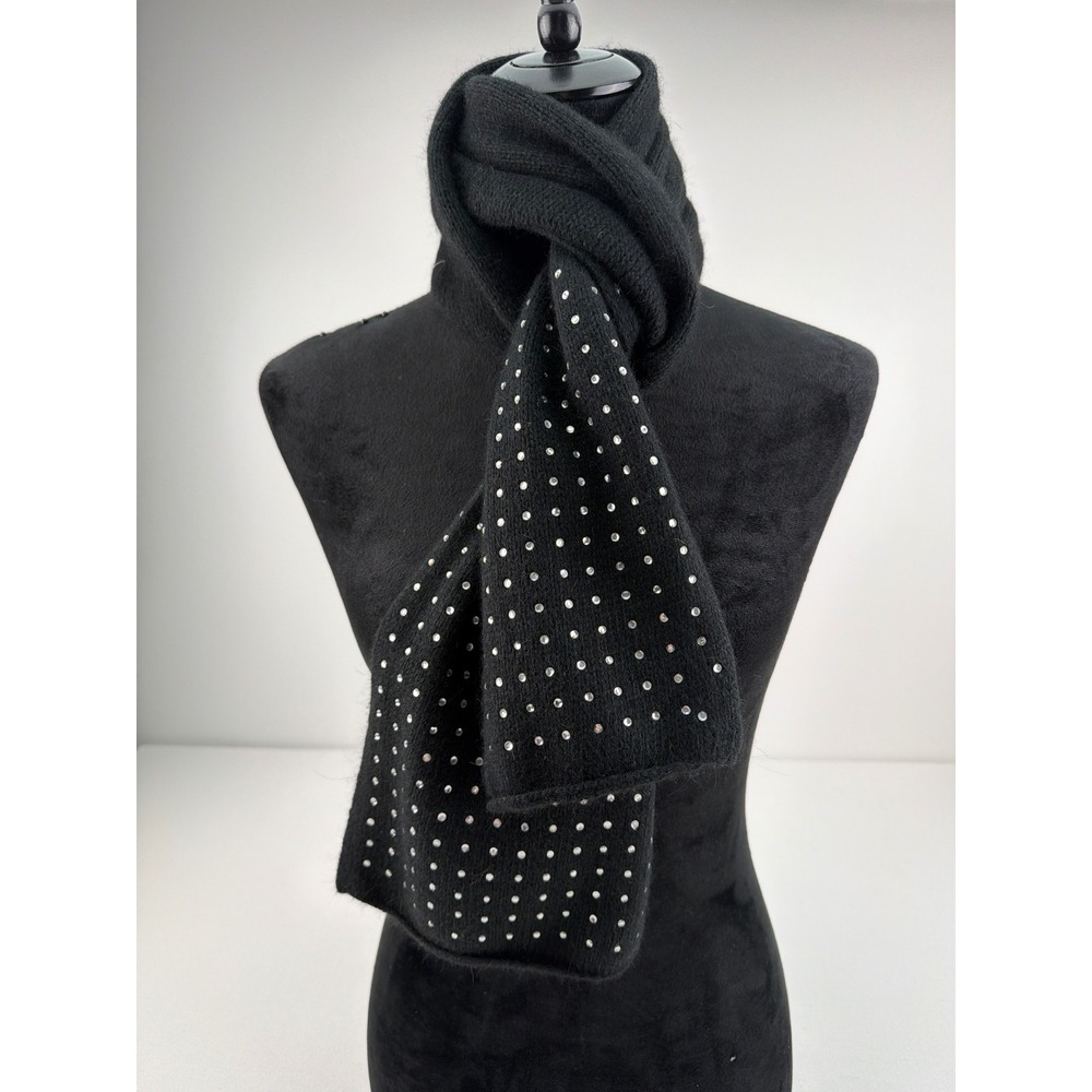 Black Angora Wool Blend Knit Scarf Rhinestone Sparkle Glam Winter Soft Cozy